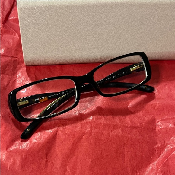 Prada Accessories - Prada Black Rectangular Women's Glasses with Gold Temples
